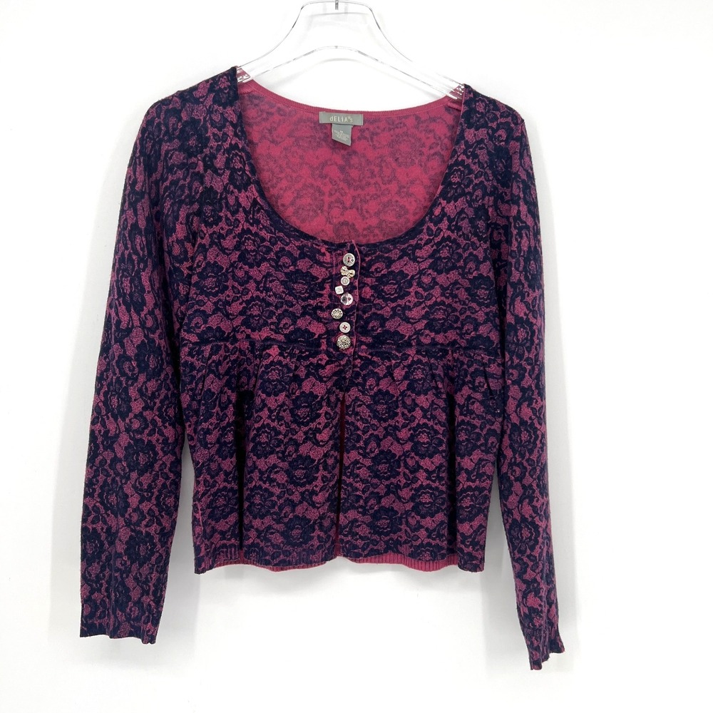 Vtg Delias Babydoll Cardigan Womens M Y2K Pink Purple Floral Split Crop 90s